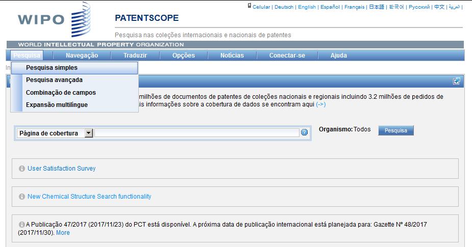 Tipos de Busca O Patentscope permite diferentes tipos de busca Nova