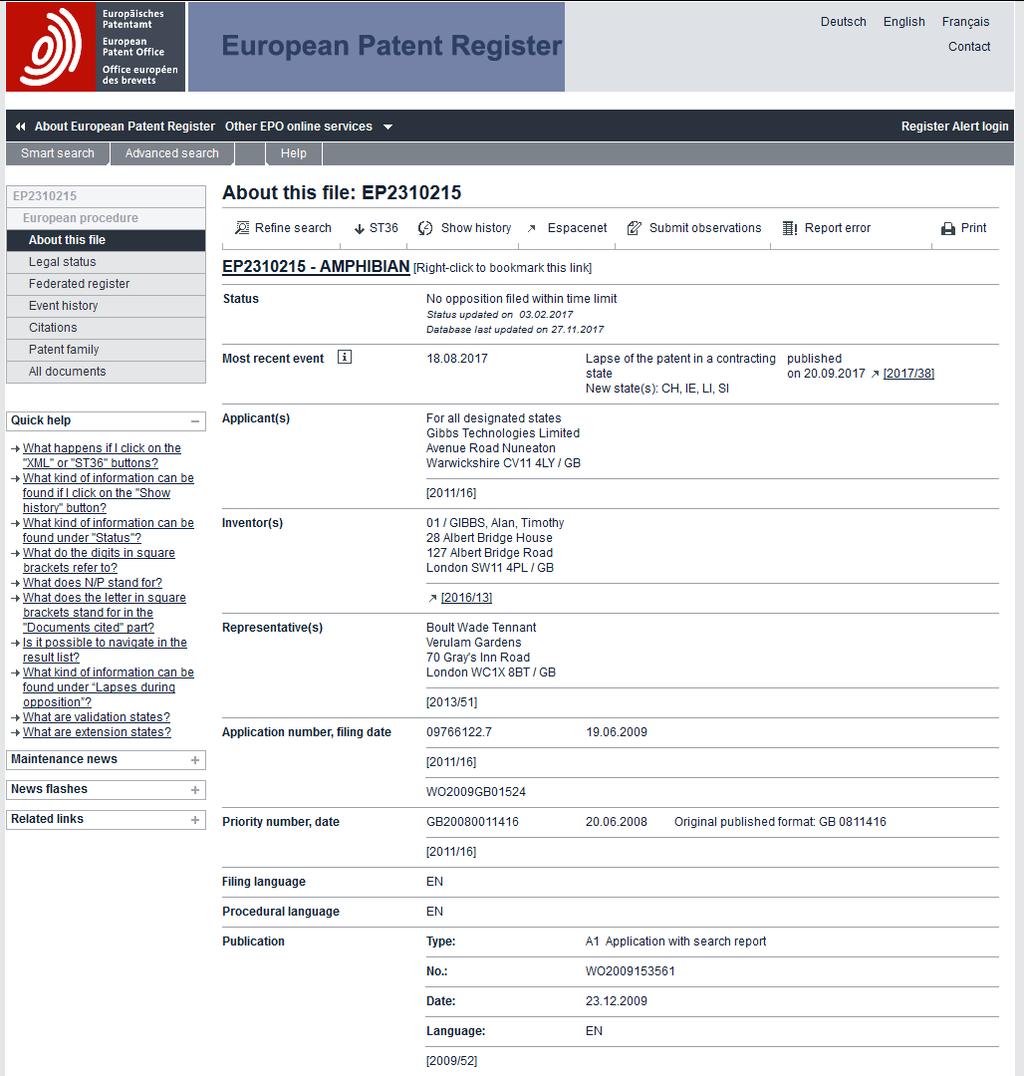 É possível ver outras informações do documento EP2310215 nas abas à esquerda: status legal, família de