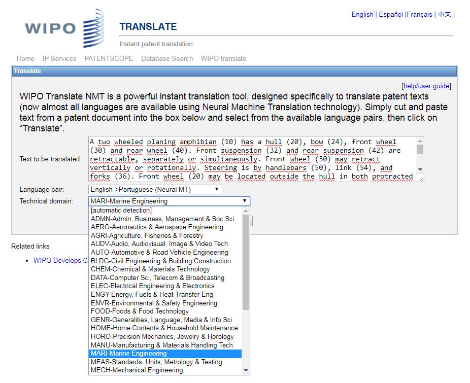 WIPO Translate OBS: Esta ferramenta de tradução foi projetada para traduzir especificamente textos de patente.