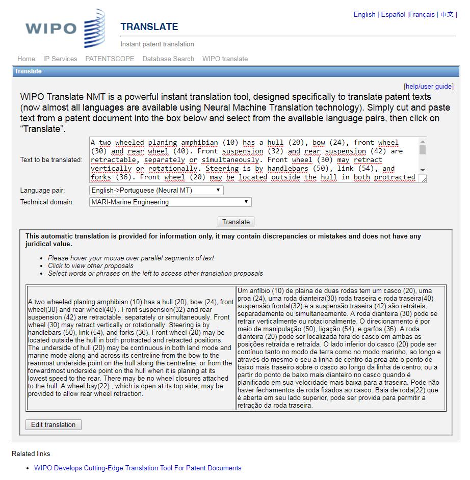 WIPO Translate Informação Tecnológica Trecho original do documento em