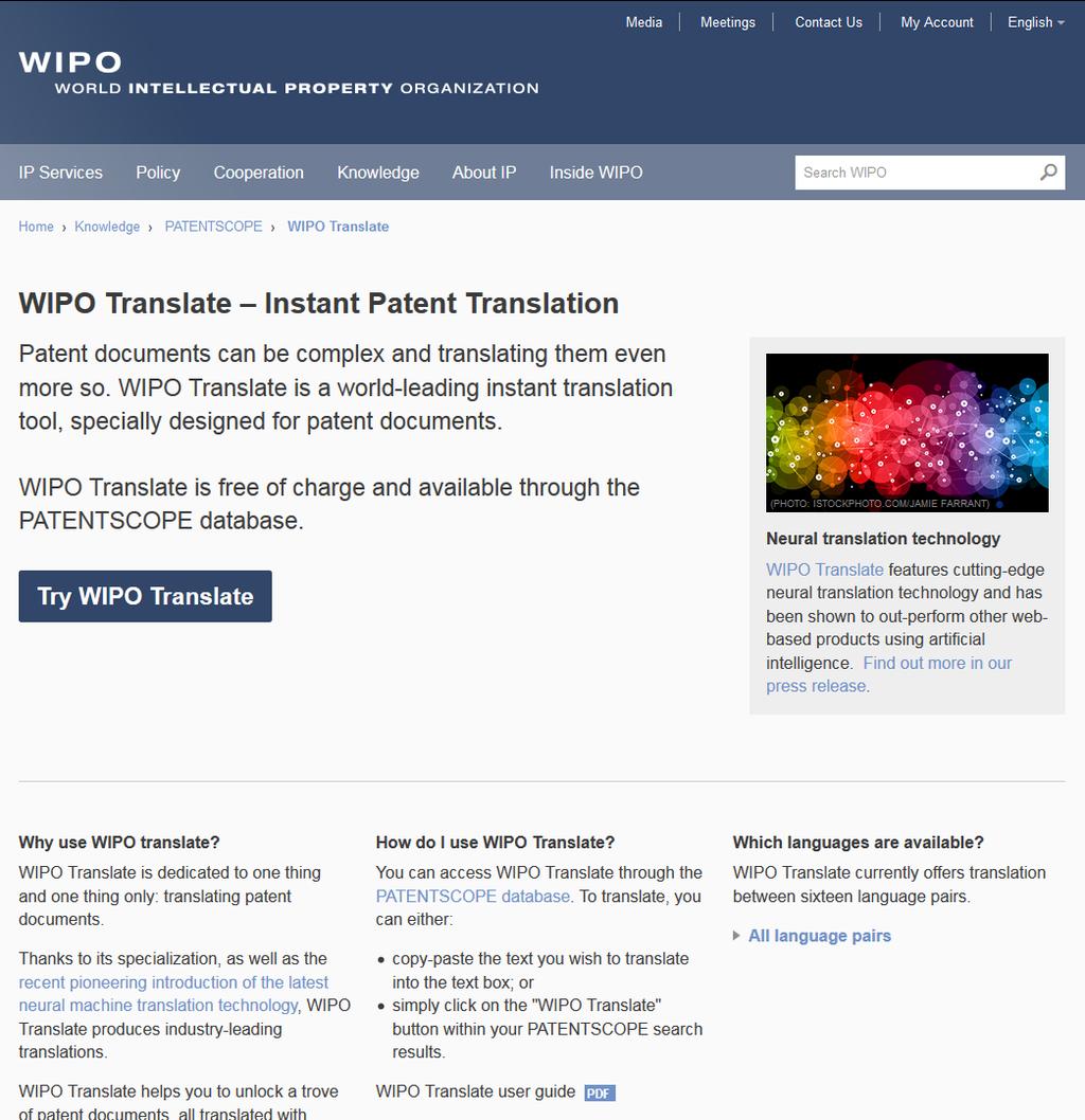WIPO Translate O que é o WIPO Translate? http://www.wipo.int/patentscope/en/wipo-translate/index.