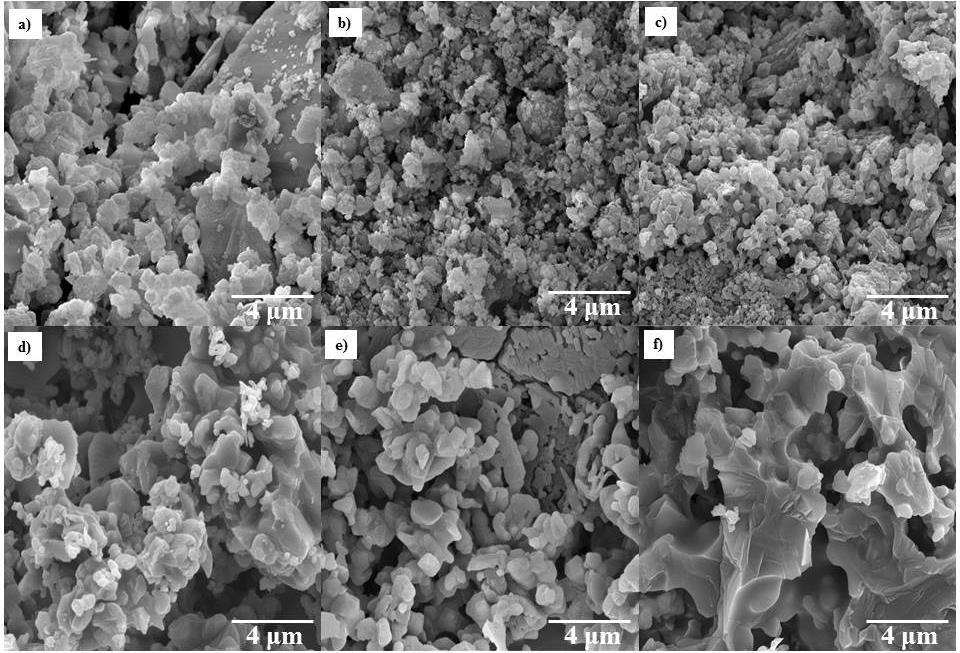 Para o sistema mulita eletrofundida o processo de crescimento de grãos pode ser visto nas imagens obtidas por microscopia de varredura eletrônica para as temperaturas 1100ºC e 1500ºC (Figuras 4a-f).