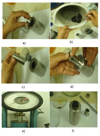 Realização dos briquetes: (a) Entrada do molde menor; (b) Colocar a amostra;