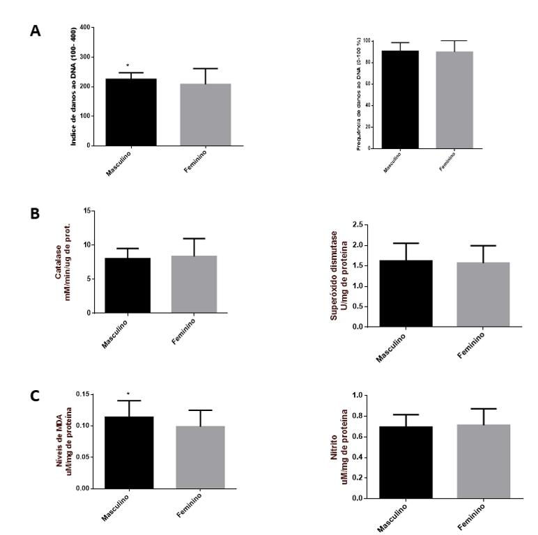 Figura 6 - Diferenças entre os sexos masculino (n=66) e feminino (n=66) em relação às respostas aos danos genotóxicos (A) e perfil de defesas antioxidantes e de danos oxidativos (B e C).