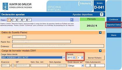 Carga de datos declaración informativa Nesta primeira pantalla deberá seleccionar o ficheiro de datos dende onde quere cargar a declaración informativa D-041, ficheiro previamente subido ao servidor.