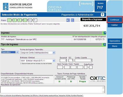 Cálculo débeda tributaria e pagamento Unha vez os datos sexan validados prema en