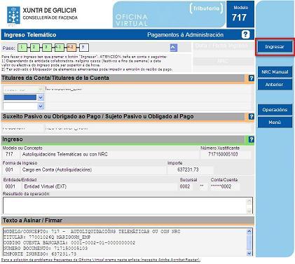 Cálculo débeda tributaria e pagamento Revise de novo os datos do ingreso