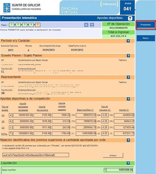 Nesta pantalla preséntase o resumo do ingreso realizado e das apostas