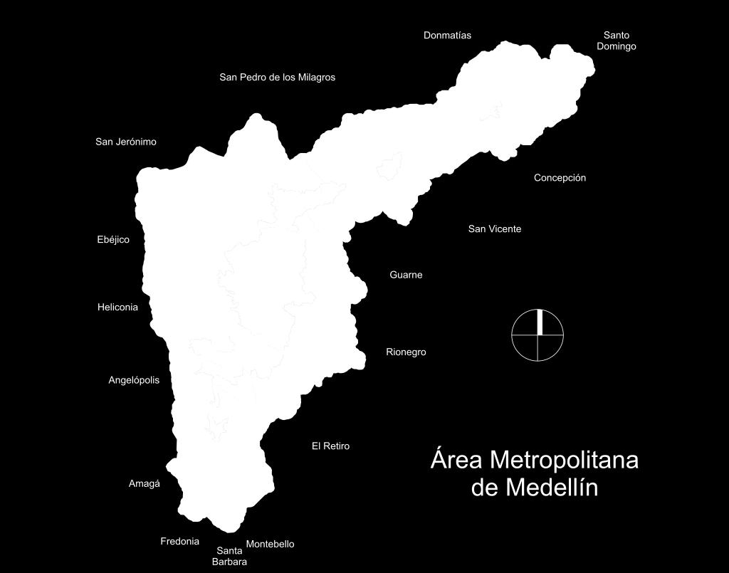 Fig. 193: Mapa da área metropolitana de Medellín com suas nove municípios. Fonte: De SajoR, domínio público.