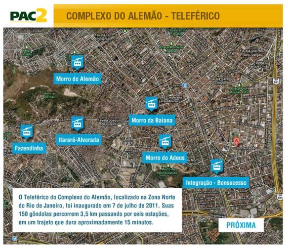 Nas figuras aparece a indicação das estações e informações sobre os três teleféricos utilizados como meio de transporte na América Latina:
