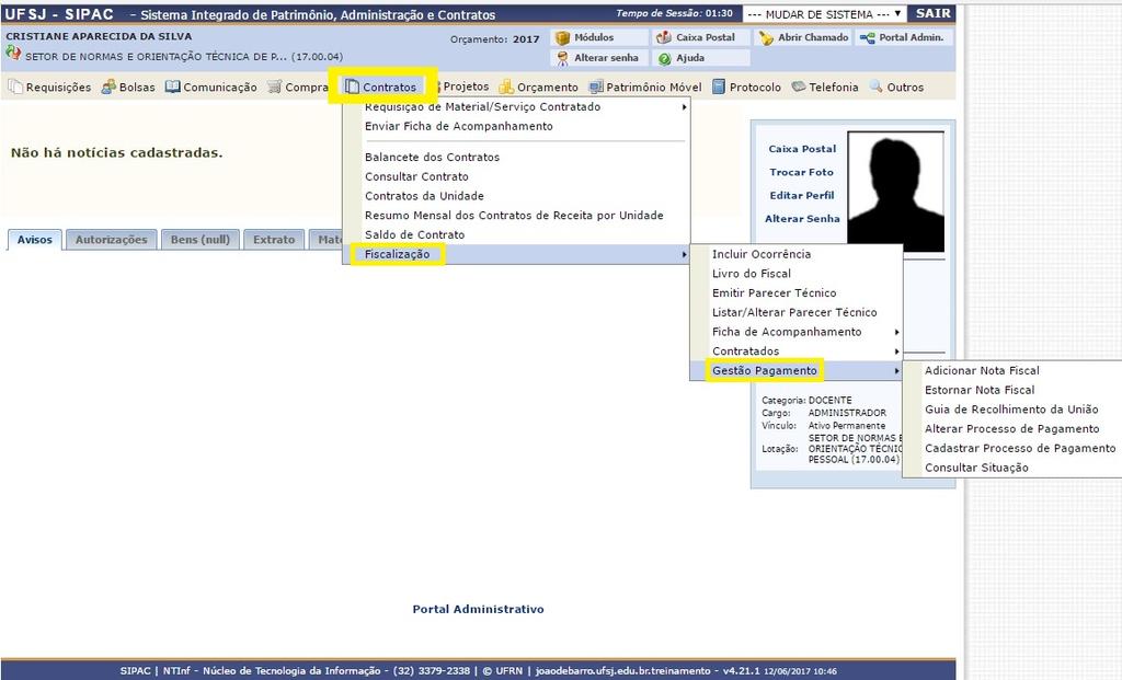 Novo procedimento para acessar o menu contratos para criar o Processo de Pagamento e o Despacho Para lançar as Notas Fiscais, criar os Processos de Pagamento e Imprimir os Despachos,