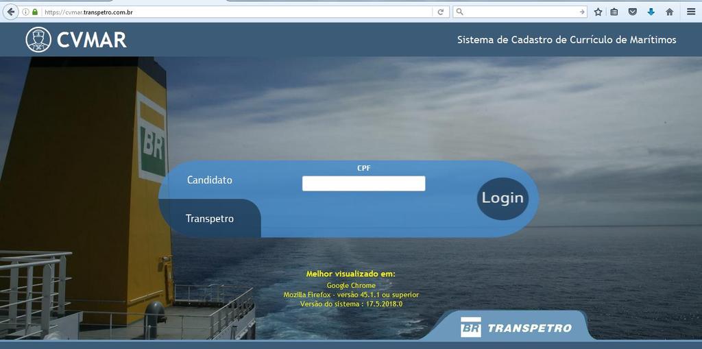 Ao abrir a página do Sistema de Cadastro de Currículo de Marítimos, digite seu CPF no campo