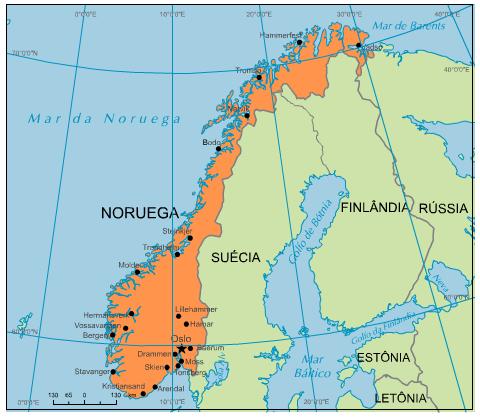 Dados Básicos O Reino da Noruega faz parte da península Escandinava e tem fronteiras com a Suécia, com a Finlândia e com a Rússia.