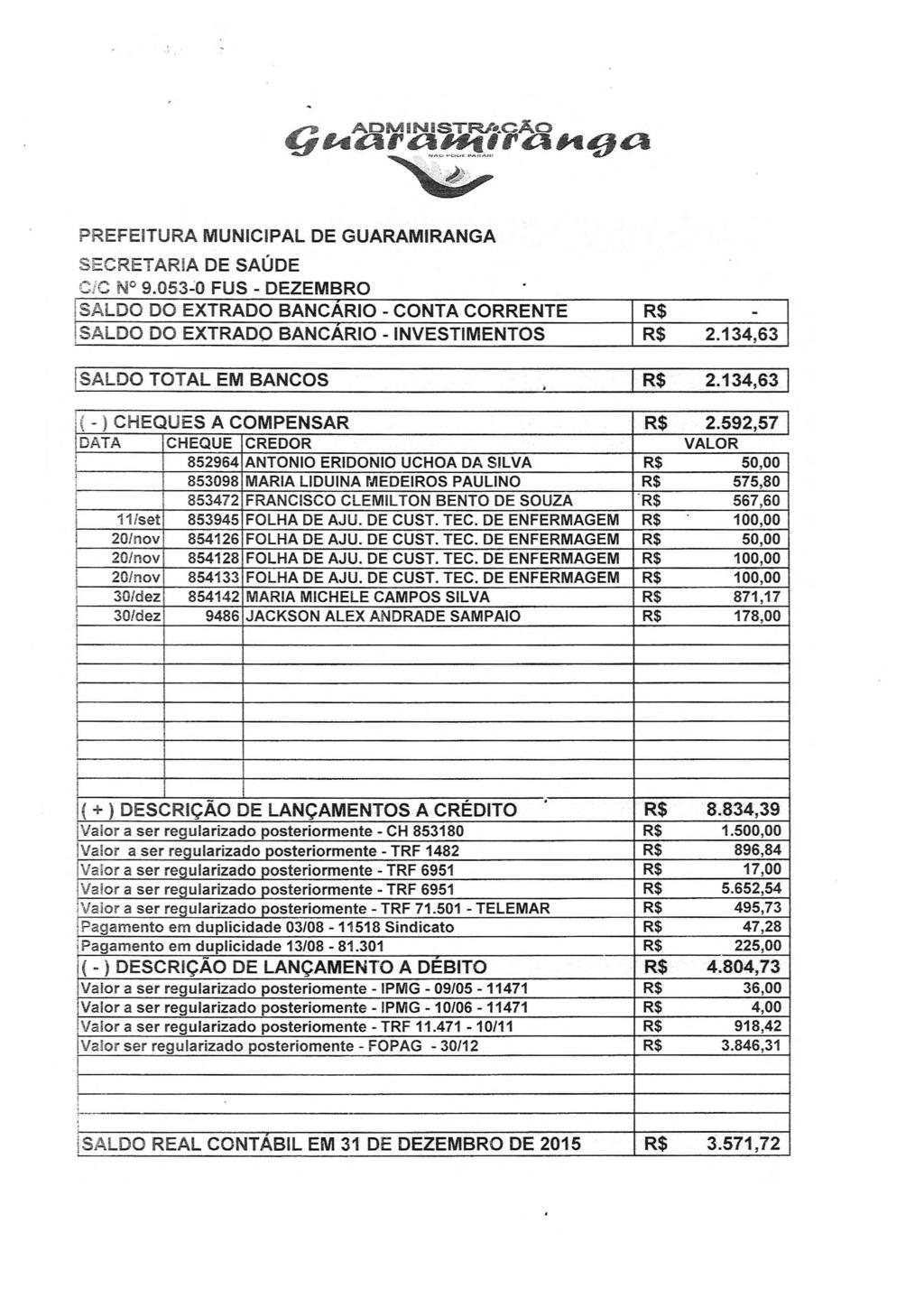 ?REFEITURA MUNICIPAL DE GUARAMIRANGA SCRETARA DE SAÚDE 0:0 N 9.053-O FUS - DEZEMBRO SALDO DO EXTRADO BANCARIO - CONTA CORRENTE SALDO DO EXTRADO BANCÁRIO - INVESTIMENTOS R$ R$ 2.