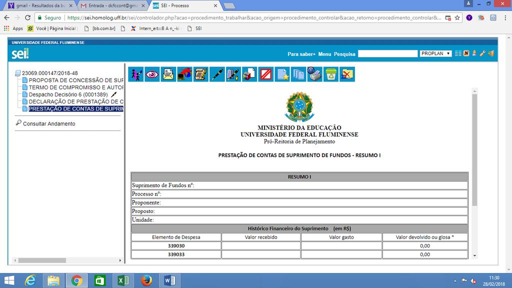 Aparecerá o documento PRESTAÇÃO DE CONTAS DE