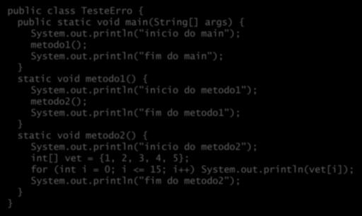 Exceções em ação public class TesteErro { public static void main(string[] args) { System.out.println("inicio do main"); metodo1(); System.out.println("fim do main"); static void metodo1() { System.
