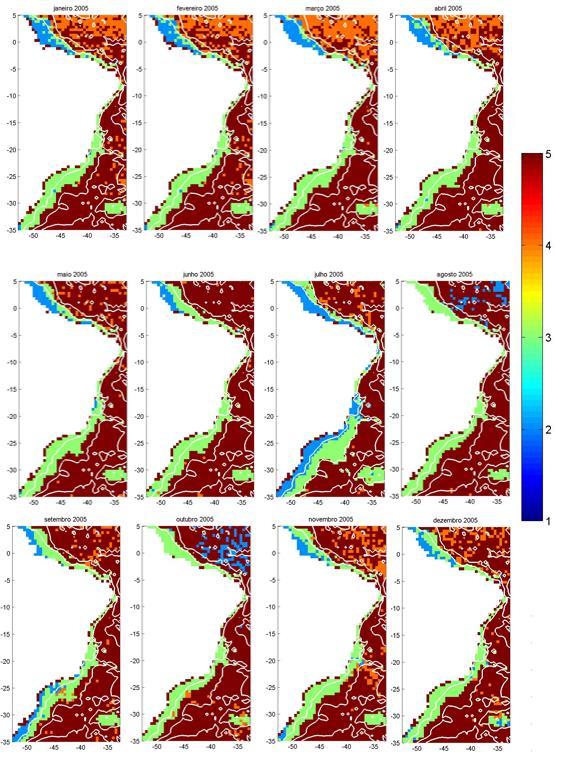 Figura 2. Classificação dos habitats pelágicos da costa brasileira usando o método de k-médias.