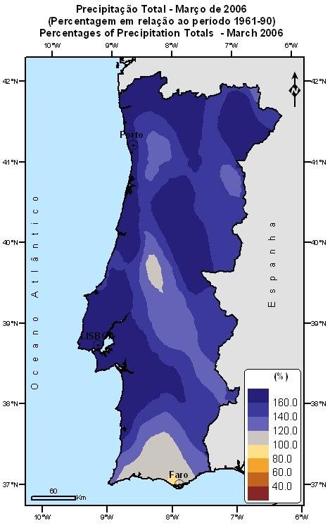 3. Precipitação Os valores da quantidade de precipitação no mês de Março variaram entre 38 mm em Faro e 411 mm em Portelinha (Figura 3) e foram superiores aos valores médios em quase todo o
