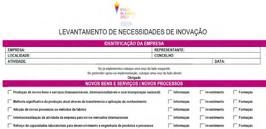 INQUÉRITO LEVANTAMENTO DE NECESSIDADES DE INOVAÇÃO E FICHA DE REGISTO Além da