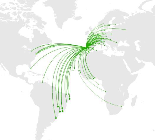 A TAP aproveita a localização de Portugal como portal para as Américas A TAP tem 88 destinos a partir de Portugal com ~80% das suas