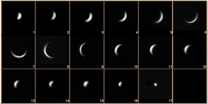 Vênus nas suas diversas fases Nas fotos 1 a 6, nessa ordem, Vênus está se aproximando da Terra e por essa razão seu diâmetro aumenta à medida que sua fase evolui de minguante para nova.