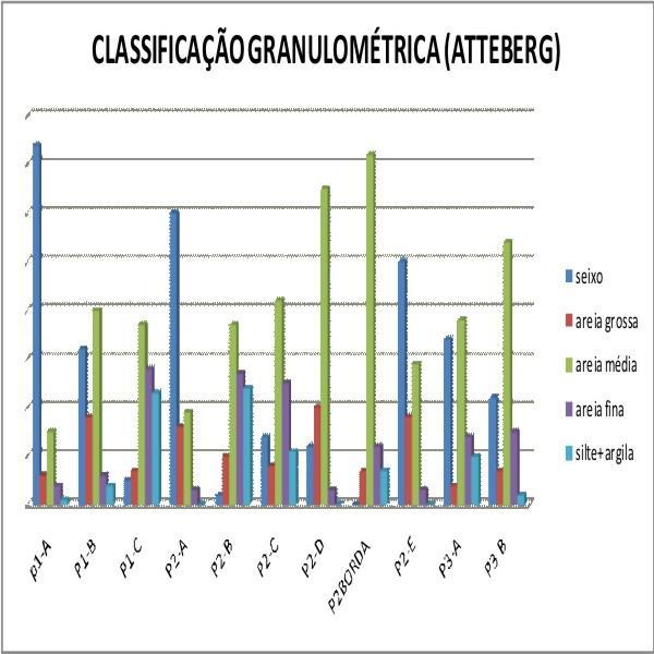 Figura 2 Análise textural: granulometria dos depósitos aluvionares estudados CONSIDERAÕES FINAIS: Os depósitos aluvionares estudados estendem como uma faixa alongada à margem direita do igarapé