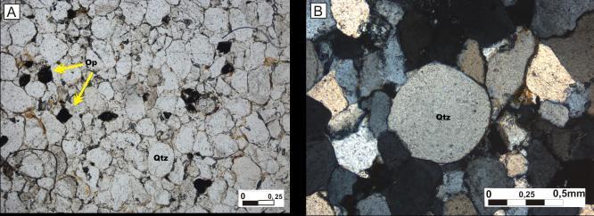 MG Figura 4.21 - A) Fotomicrografia do aspecto geral dos grãos de quartzo, as setas amarelas indicam os minerais opacos (Aumento 4X/N//).