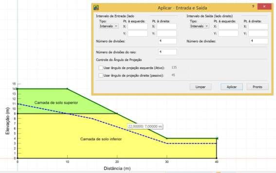 Figura 36 - Aplicando opção Entrada e Saída Alternativamente ao método de entrada e saída das superfícies de pesquisa, poderia ter sido atribuído a opção Grade e Raios no menu Dados, opção Análises e