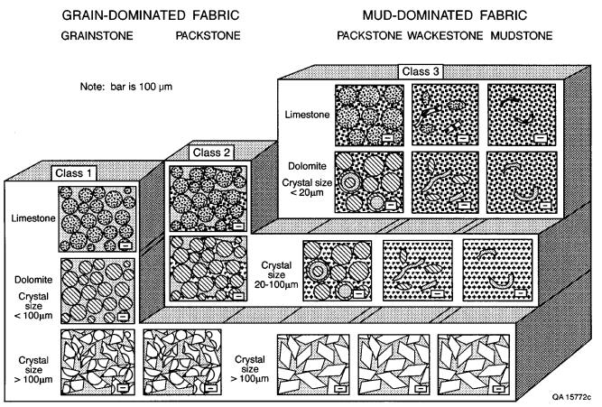 Lucia (2007) divide a componente textural em domínio granular e argiloso. A textura granular caracteriza-se por ser suportada por grãos e conter porosidade inter e intraparticula.