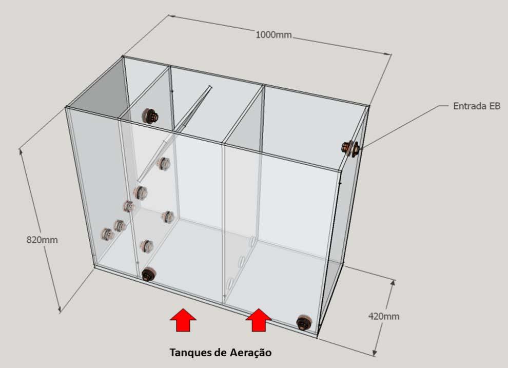 tanques de aeração em série, que são interligados por três furos próximo à base da placa que os separam.