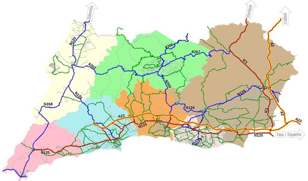 Figura 80 Classificação da rede rodoviária por nível hierárquico Fonte: TIS A rede de Nível I que serve a região da AMAL-BA é definida pelas seguintes vias: A2 (Autoestrada do Sul) Integrante da Rede