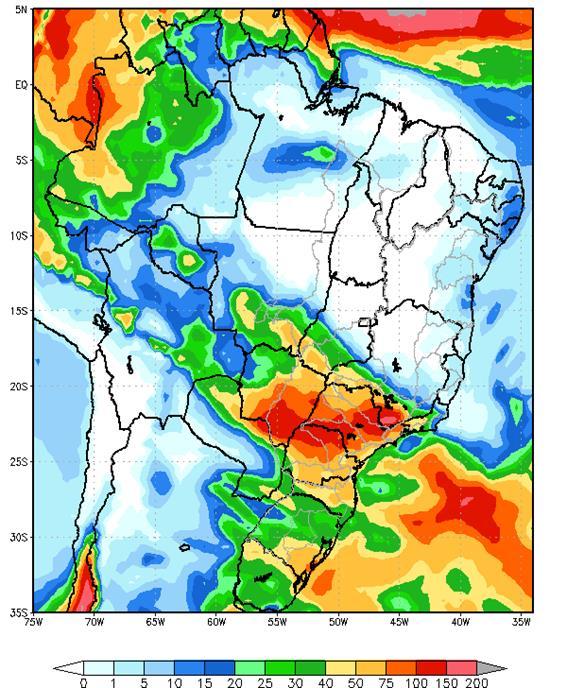 Figura 1 - Precipitação acumulada prevista pelo modelo ETA (CPTEC/INPE) para o período de 15 a 21/09/18 Nas bacias dos rios Paranapanema, Grande, Paranaíba e Iguaçu, e parte das bacias dos rios São