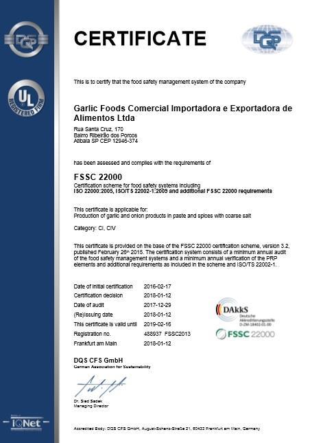 Certificação FSSC 22000 Certification scheme for food safety systems including ISO 22000:2005,