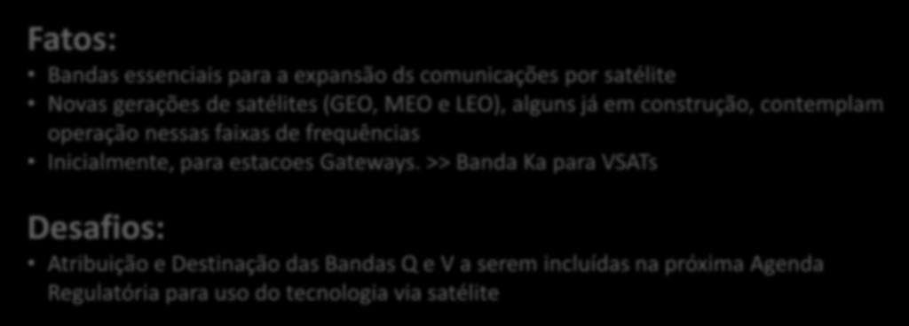 Bandas Q e V Atribuição e Destinação das Bandas Q (37,5 / 42,5 GHz) Atribuição e Destinação das Bandas V (47,2 / 52,4 GHz) Fatos: Bandas essenciais para a expansão ds comunicações por satélite Novas