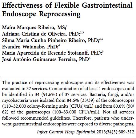 Dissertação de mestrado (RIBEIRO, 2013) : 37 serviços de endoscopia gastrointestinal; Todos método manual; processamento não efetivo - 34/37 (91,6%); 84,6% (33/39)