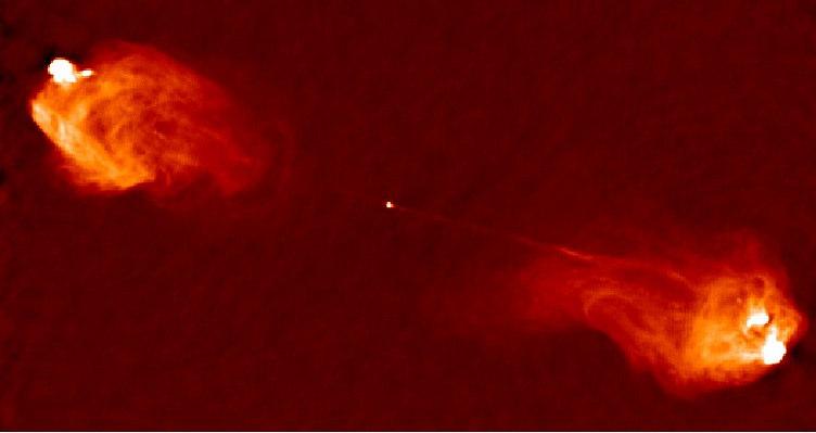 Galáxias Radio Cygnus A é uma fonte radio de duplo lobo, com jatos saindo do
