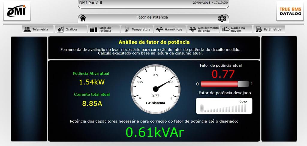 Análise de kvar Nesta página você poderá avaliar o kvar necessário para correção do fator de potência do circuito que está sendo medido.