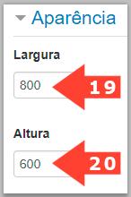 No bloco Aparência possibilita estabelecer a Largura (19) e a Altura (20) da atividade JClic para demonstrar dentro da página (Figura 13).