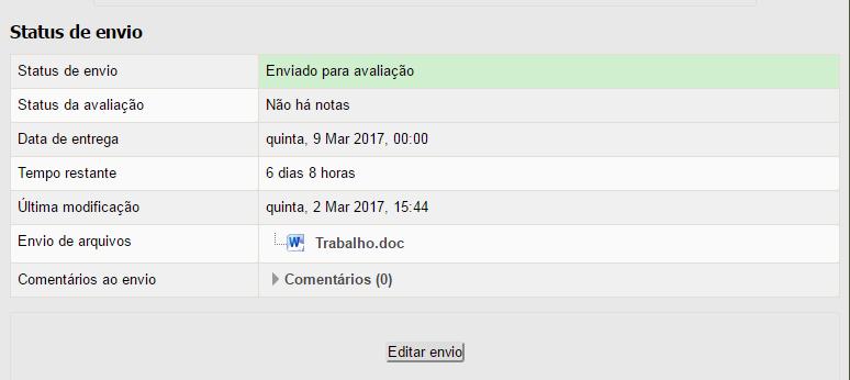 8.1. Conferindo o envio de arquivo Para certificar-se de que seu arquivo foi devidamente submetido em uma sala de entrega, seja de envio de arquivo único ou de dois ou mais arquivos, acesse novamente