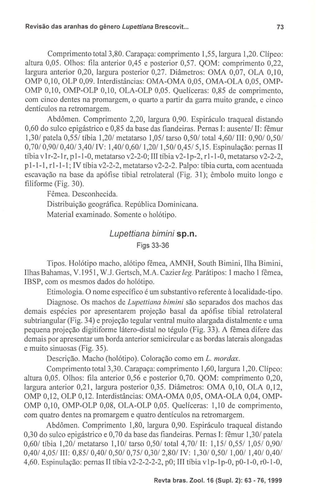 Revisão das aranhas do gênero Lupettiana Brescovit... 73 Comprimento total 3,80. Carapaça: comprimento 1,55, largura 1,20. Clipeo: altura 0,05. Olhos: fila anterior 0,45 e posterior 0,57.