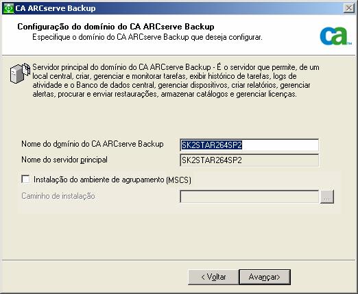 Implantar o servidor do CA ARCserve Backup no cluster NEC Caixa de diálogo Configuração de domínio do CA ARCserve Backup Se a instalação detectar um aplicativo que reconhece agrupamentos em execução