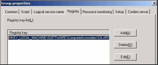 Implantar o servidor do CA ARCserve Backup no cluster NEC 6. Na caixa de diálogo Group properties, selecione a guia Registry. A caixa de diálogo Registry é exibida. 7.