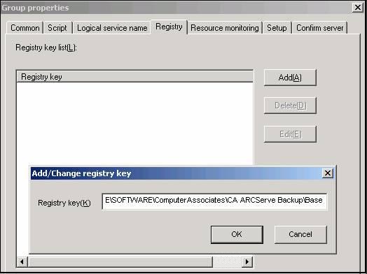 Implantar o servidor do CA ARCserve Backup no cluster NEC 6. Na caixa de diálogo Group properties, selecione a guia Registry. Quando a caixa de diálogo Registry for aberta, clique em Add.