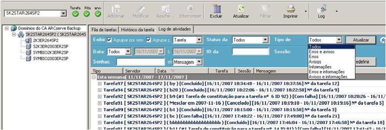 Como usar o CA ARCserve Backup para gerenciar atividades diárias Filtro de palavras-chave Filtro de ID da tarefa Filtro de status da tarefa Filtro de tipo de mensagem Servidor PRINCIPAL Servidores
