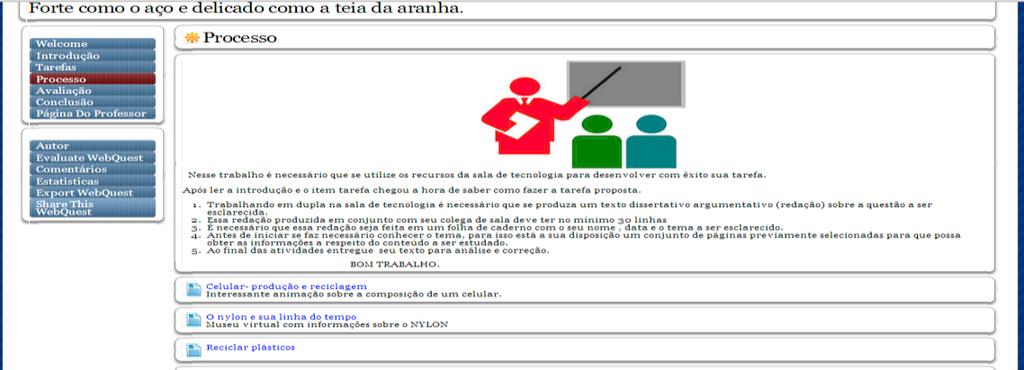 5 No caso Webquest: Nylon-Forte como o aço, delicado como uma teia com uma tarefa do tipo analítica com ênfase em CTS, os dois links apresentados no item tarefa trazem informações sobre o que é uma