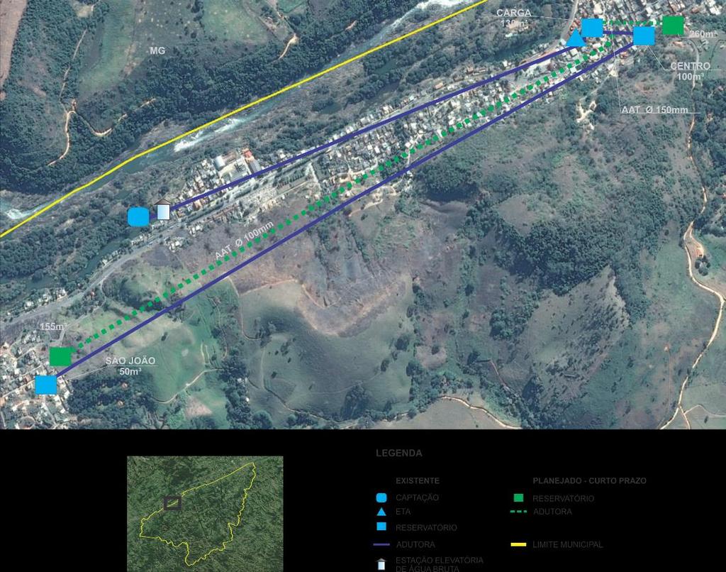 Figura 4 Mapa a partir de satélite com o sistema de abastecimento de água proposto para o