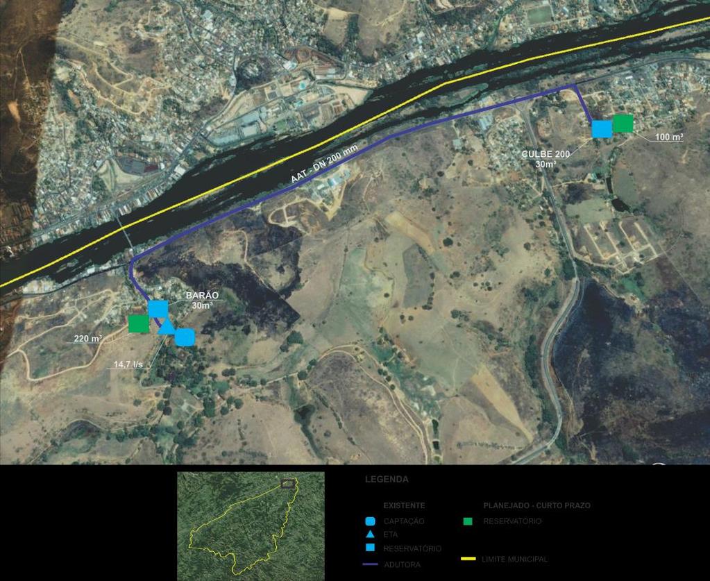 Figura 10 Mapa a partir de satélite com o sistema de abastecimento de água proposto para o