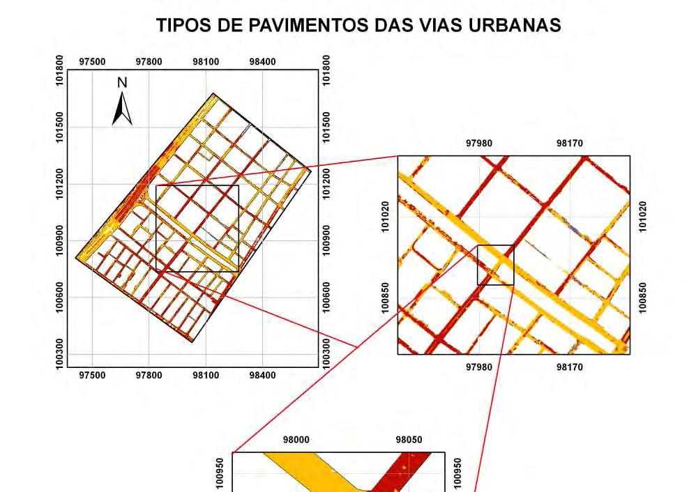 85 As Figuras 24 e 25 apresentam os mapas da área de estudo, classificados com os tipos de pavimentos (Asfalto, Concreto_a, Concreto_b e Terra), com um detalhe de duas áreas.