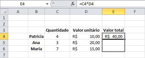 14 Note que desta maneira os números da linhas mudam automaticamente (Foi de C4*D4 para C6*D6).