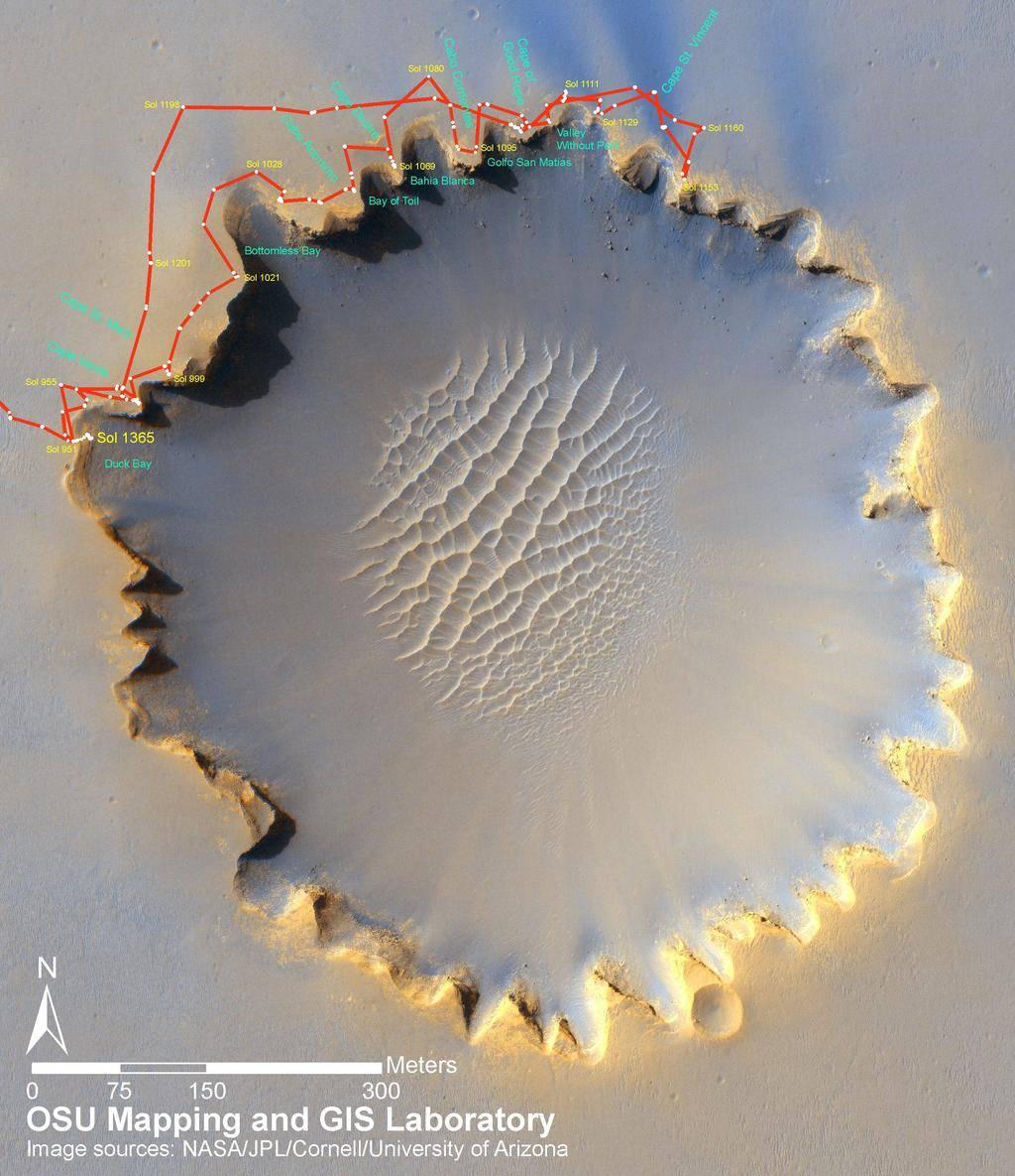 Victoria Crater, which is about 800 meters (one-half mile) in diameter, has been home ground for Opportunity for 19 of the rover's 50 months on Mars.